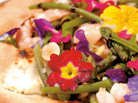 Pizza fiori, gamberi e verdure